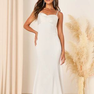 Radiant Promise White Satin Twist-Front Mermaid Maxi Dress